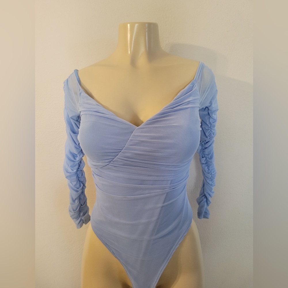 Fashion Nova Light Blue Ruched Bodysuit